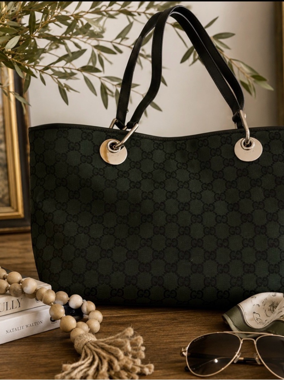 Gucci Dark Green Monogram Tote with Black Handles